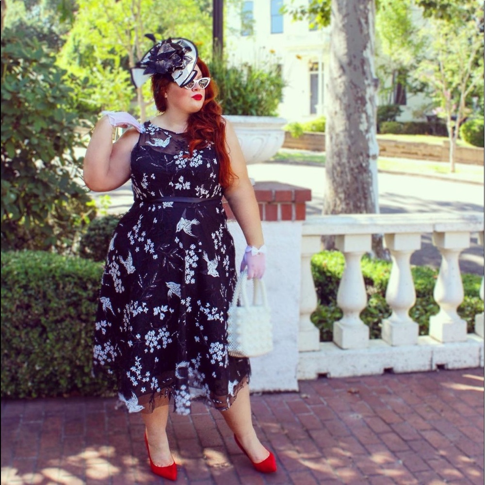 Teri Jon Black and White Fit and Flare Midi Dress